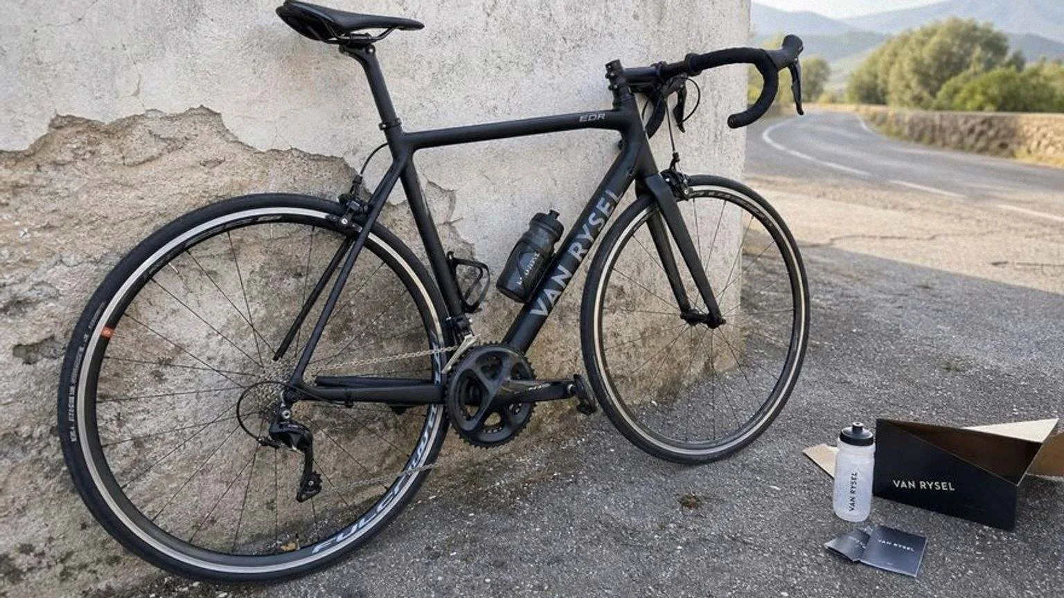 Bicicleta de carretera de aluminio negro apoyada en un muro de hormigón junto a una carretera secundaria, con manillar de curva y cubiertas estrechas.